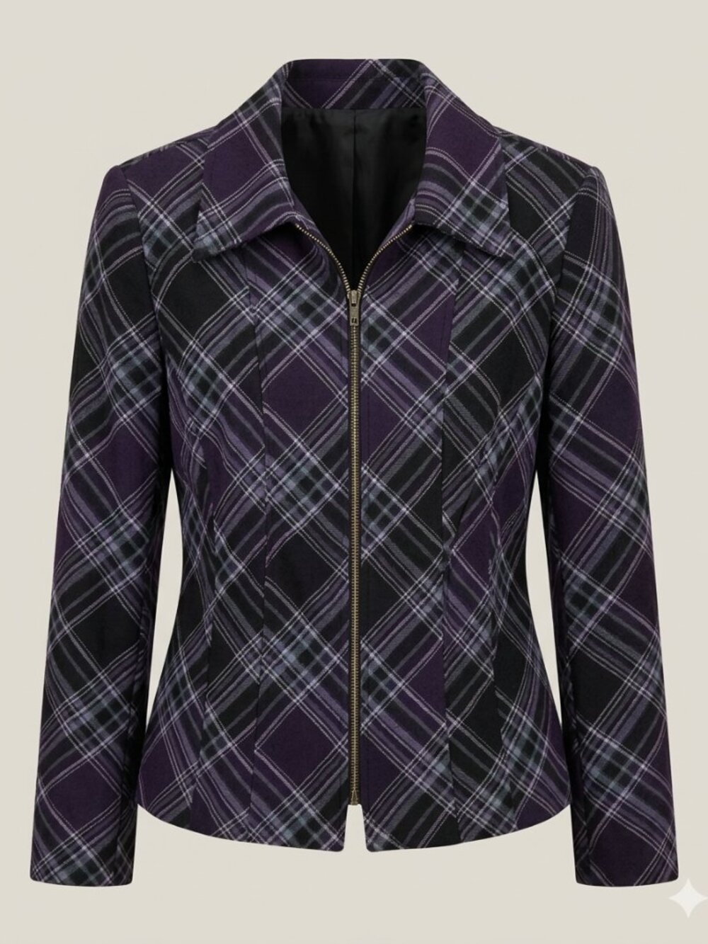 Laura Scott Medium Plaid Zip Front Blazer Black Purple Gray Blue